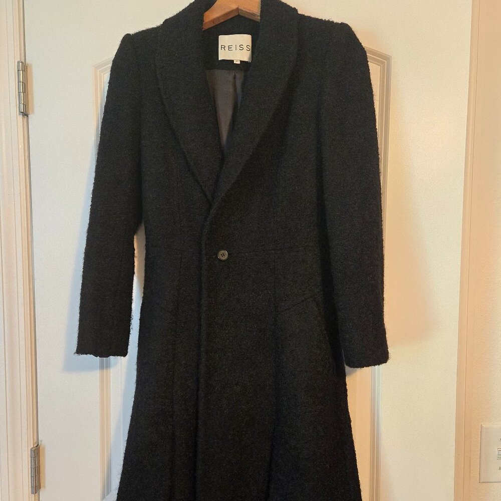 REISS Fit and Flare A-Line Black Wool Boucle Coat XS regular but may fit petite